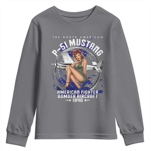 The North American P 51 Mustang American Fighter Bomber Aircraft Youth Sweatshirt WW2 Aircraft Pin Up Girl TS11 Charcoal Print Your Wear