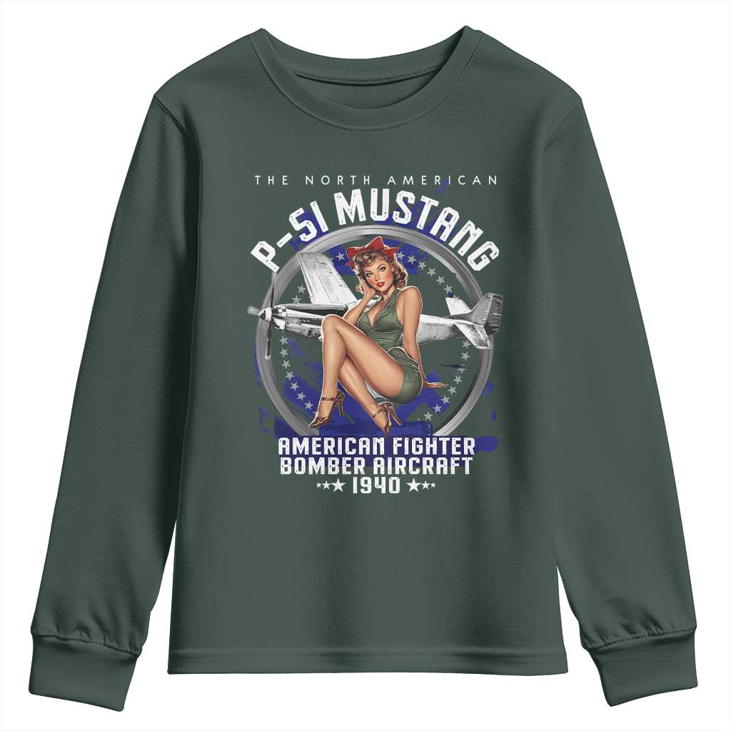 The North American P 51 Mustang American Fighter Bomber Aircraft Youth Sweatshirt WW2 Aircraft Pin Up Girl TS11 Dark Forest Green Print Your Wear