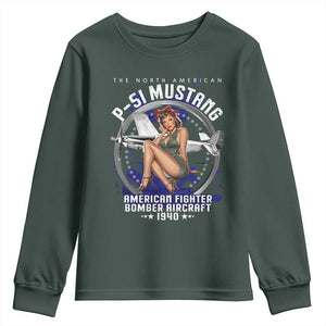 The North American P 51 Mustang American Fighter Bomber Aircraft Youth Sweatshirt WW2 Aircraft Pin Up Girl TS11 Dark Forest Green Print Your Wear
