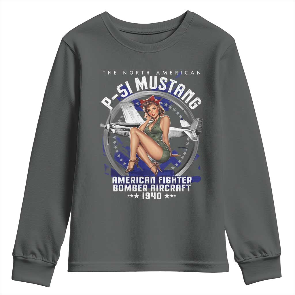 The North American P 51 Mustang American Fighter Bomber Aircraft Youth Sweatshirt WW2 Aircraft Pin Up Girl TS11 Dark Heather Print Your Wear