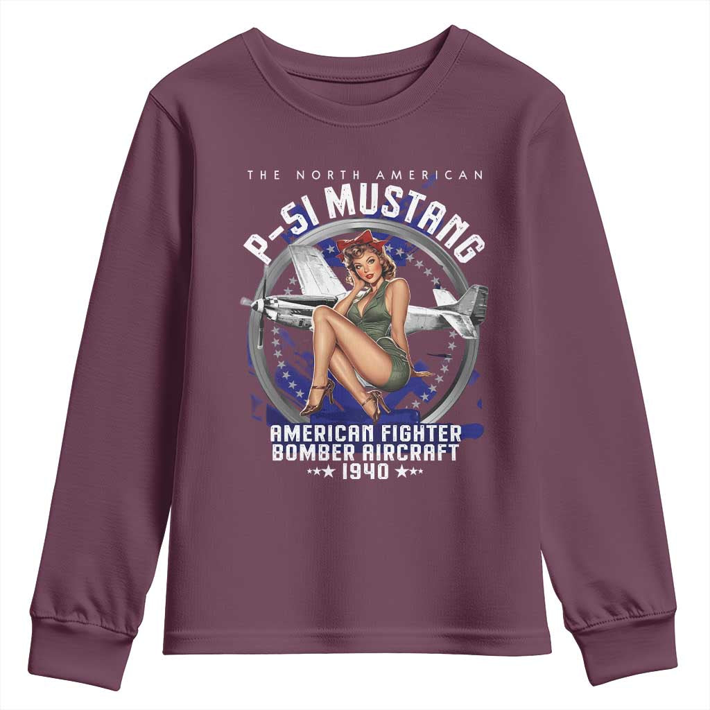 The North American P 51 Mustang American Fighter Bomber Aircraft Youth Sweatshirt WW2 Aircraft Pin Up Girl TS11 Maroon Print Your Wear