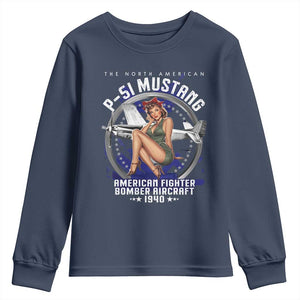 The North American P 51 Mustang American Fighter Bomber Aircraft Youth Sweatshirt WW2 Aircraft Pin Up Girl TS11 Navy Print Your Wear