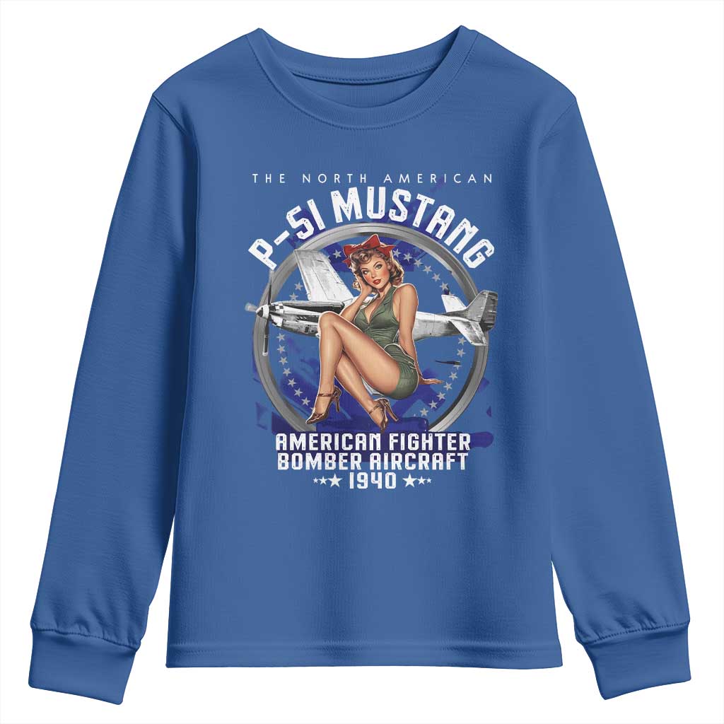 The North American P 51 Mustang American Fighter Bomber Aircraft Youth Sweatshirt WW2 Aircraft Pin Up Girl TS11 Royal Blue Print Your Wear