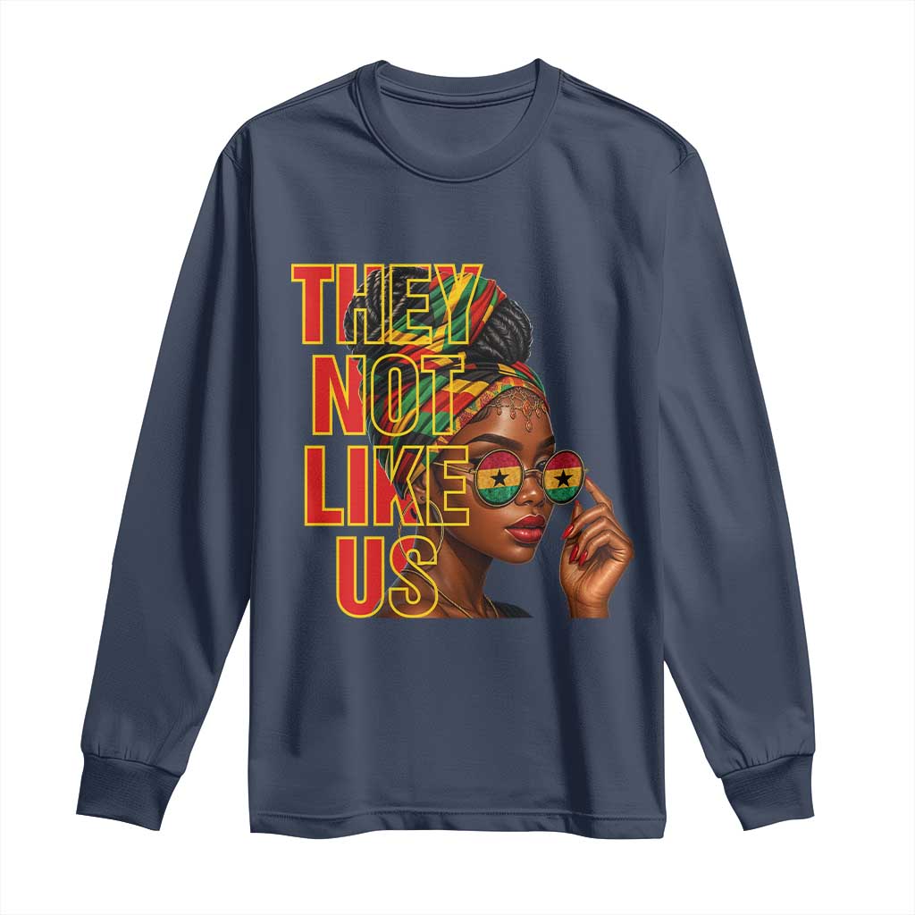They Not Like Us Afro Queen Long Sleeve Shirt Melanin Magic Woman witth Headwrap and Sunglasses TS02 Navy Print Your Wear