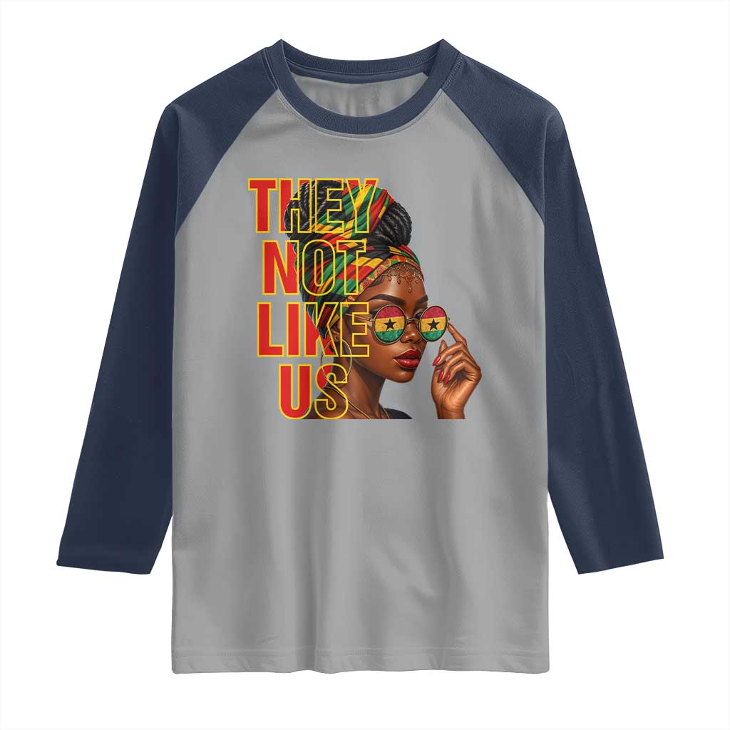 They Not Like Us Afro Queen Raglan Shirt Melanin Magic Woman witth Headwrap and Sunglasses TS02 Sport Gray Navy Print Your Wear
