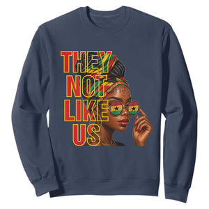 They Not Like Us Afro Queen Sweatshirt Melanin Magic Woman witth Headwrap and Sunglasses TS02 Navy Print Your Wear