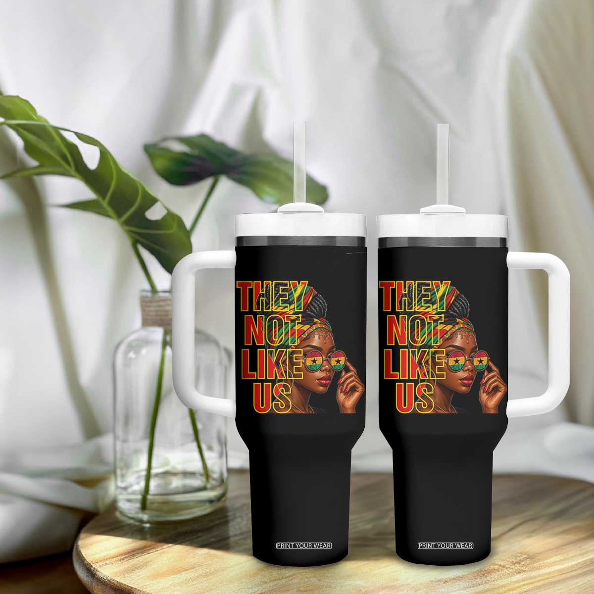 They Not Like Us Afro Queen Tumbler With Handle Melanin Magic Woman witth Headwrap and Sunglasses TS02 Print Your Wear