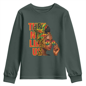 They Not Like Us Afro Queen Youth Sweatshirt Melanin Magic Woman witth Headwrap and Sunglasses TS02 Dark Forest Green Print Your Wear