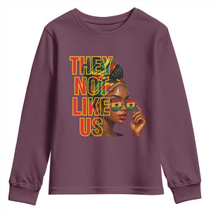 They Not Like Us Afro Queen Youth Sweatshirt Melanin Magic Woman witth Headwrap and Sunglasses TS02 Maroon Print Your Wear