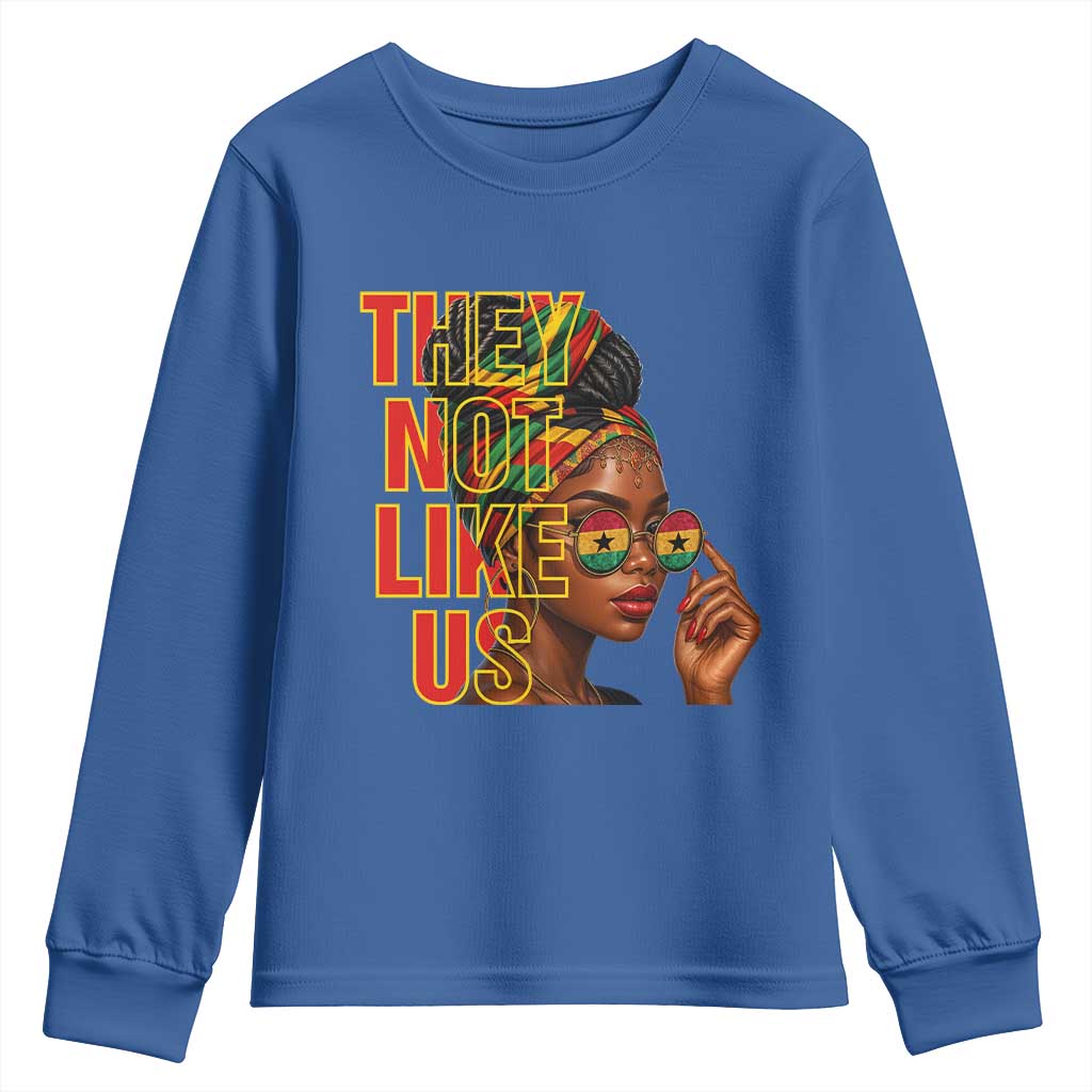 They Not Like Us Afro Queen Youth Sweatshirt Melanin Magic Woman witth Headwrap and Sunglasses TS02 Royal Blue Print Your Wear