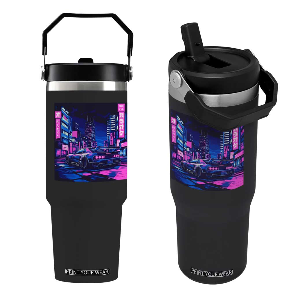 Tokyo Night Drive Flip Straw Tumbler Retro Futuristic JDM Street Racing Aesthetic TS09 One Size: 30 oz Black Print Your Wear