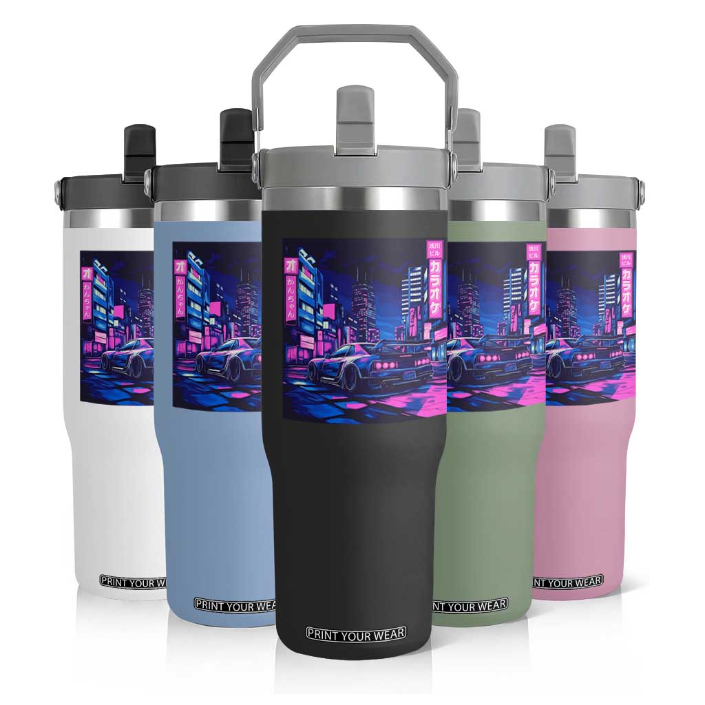 Tokyo Night Drive Flip Straw Tumbler Retro Futuristic JDM Street Racing Aesthetic TS09 Print Your Wear