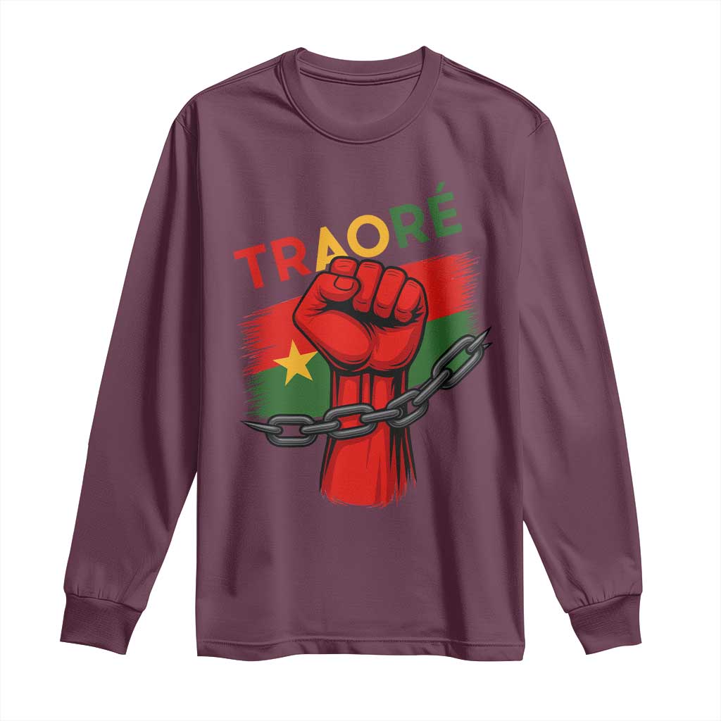 Traoré 2025 Burkina Faso Flag Long Sleeve Shirt Raised Fist Broken Chains TS02 Maroon Print Your Wear