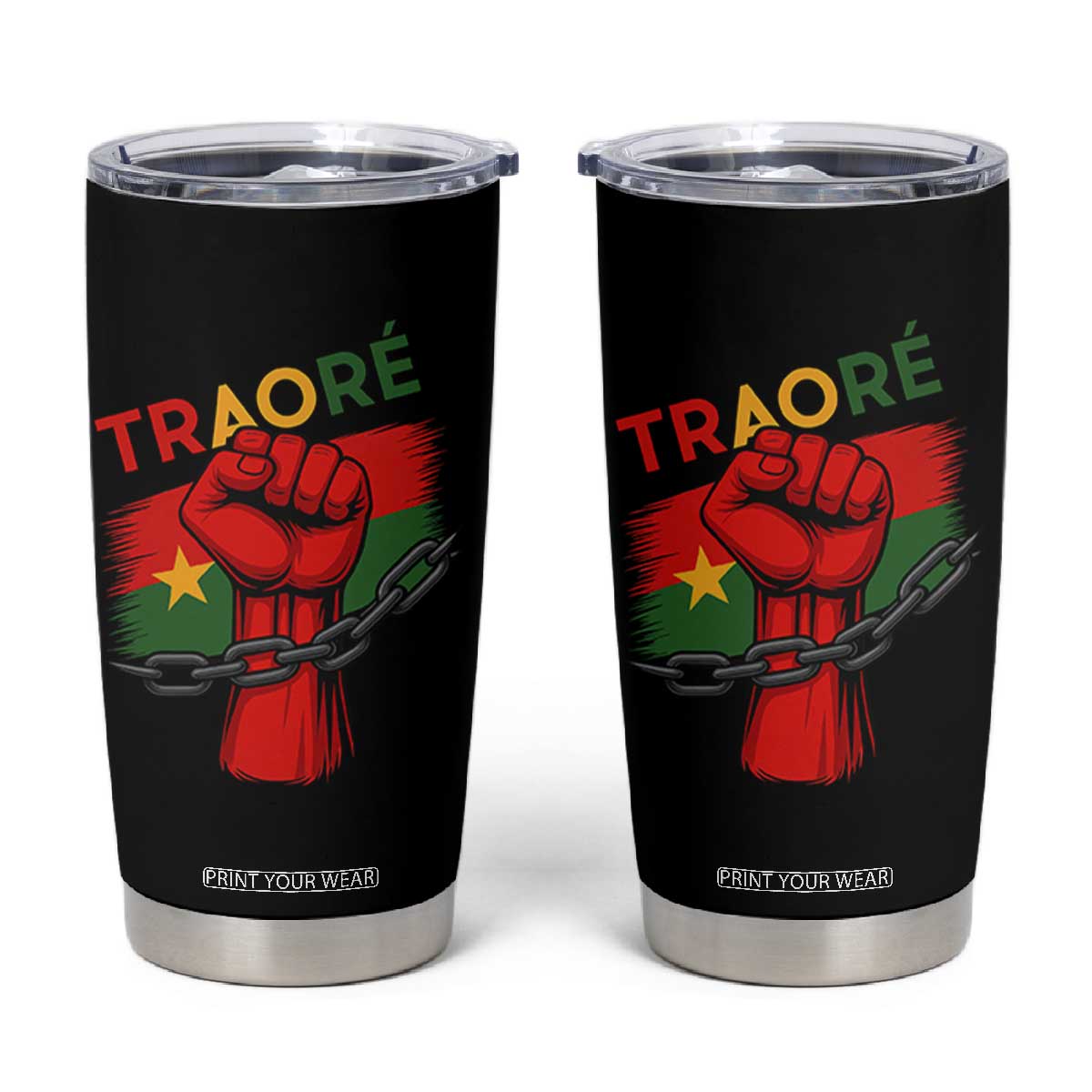 Traoré 2025 Burkina Faso Flag Tumbler Cup Raised Fist Broken Chains TS02 Black Print Your Wear
