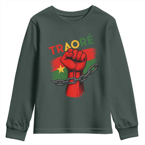Traoré 2025 Burkina Faso Flag Youth Sweatshirt Raised Fist Broken Chains TS02 Dark Forest Green Print Your Wear