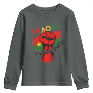Traoré 2025 Burkina Faso Flag Youth Sweatshirt Raised Fist Broken Chains TS02 Dark Heather Print Your Wear