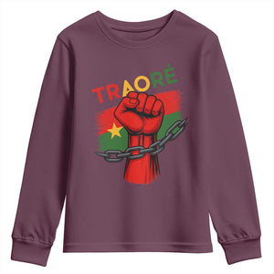 Traoré 2025 Burkina Faso Flag Youth Sweatshirt Raised Fist Broken Chains TS02 Maroon Print Your Wear