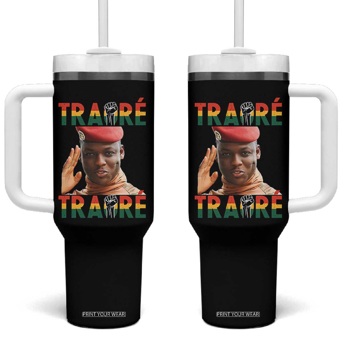 Traoré 2025 Tumbler With Handle African President Burkina Faso TS02 One Size: 40 oz Black Print Your Wear
