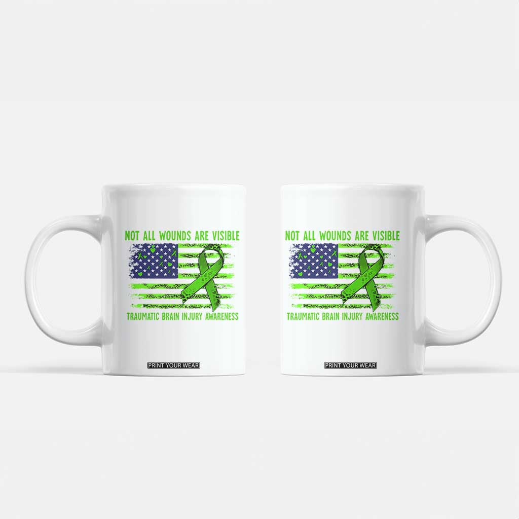 Traumatic Brain Injury Awareness Coffee Mug Not All Wounds Are Visible TBI Warrior American Flag TS02 White Print Your Wear