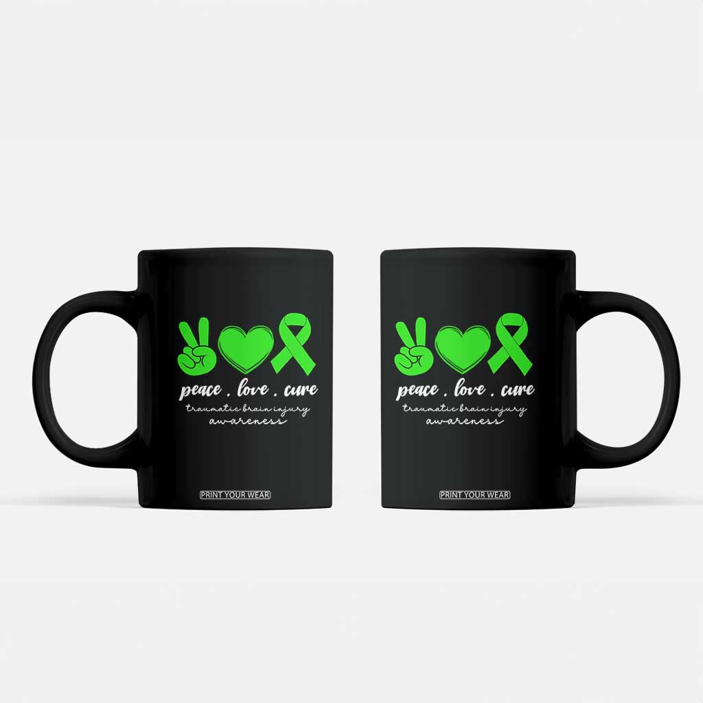 Traumatic Brain Injury Awareness Coffee Mug Peace Love Cure TBI Warrior TS02 Black Print Your Wear