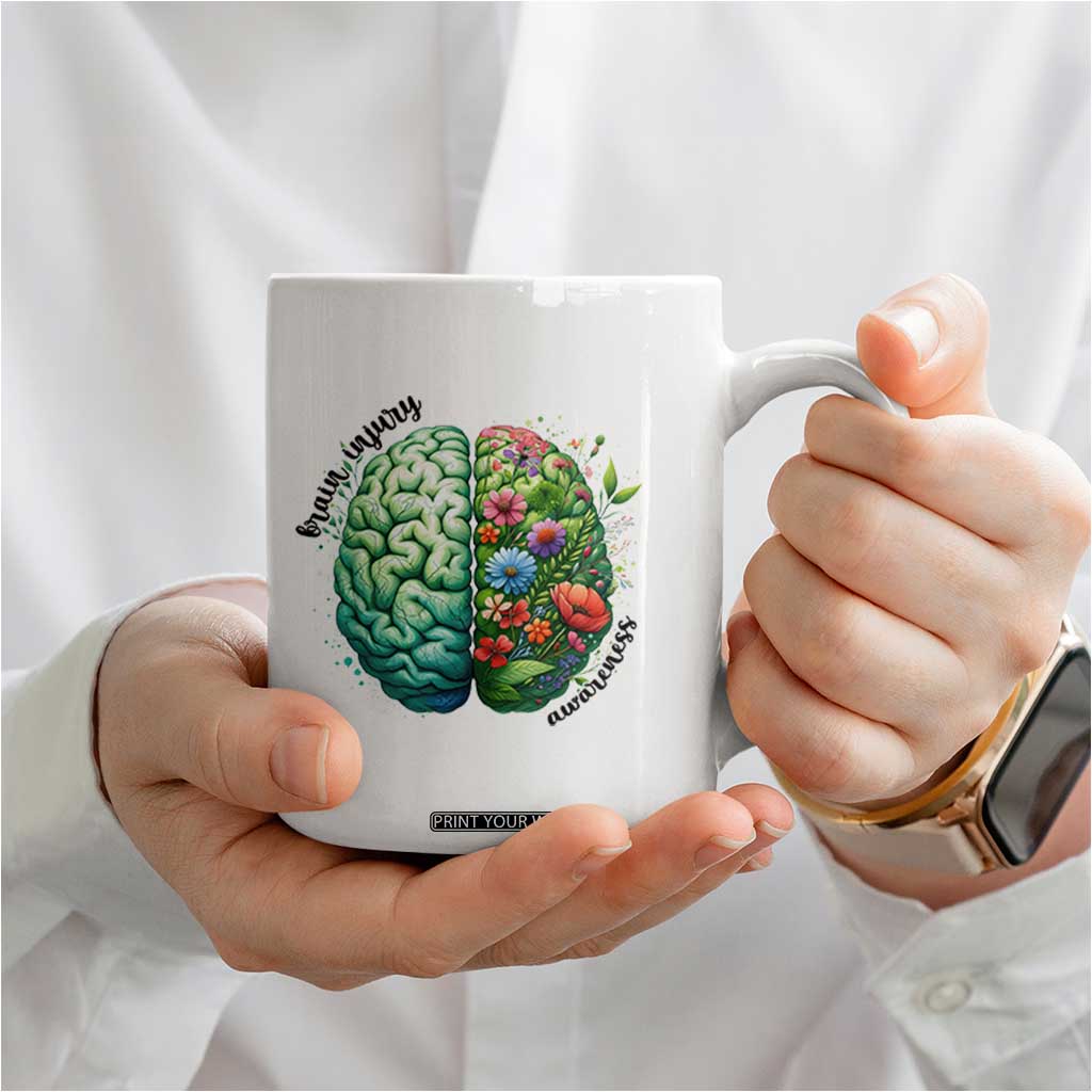 Traumatic Brain Injury Awareness Coffee Mug TBI Warrior Green Floral Brain TS02 Print Your Wear