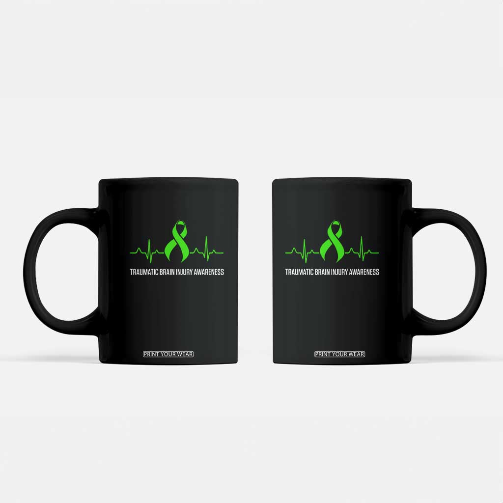 Traumatic Brain Injury Awareness Coffee Mug TBI Warrior Heartbeat Green Ribbon TS02 Black Print Your Wear