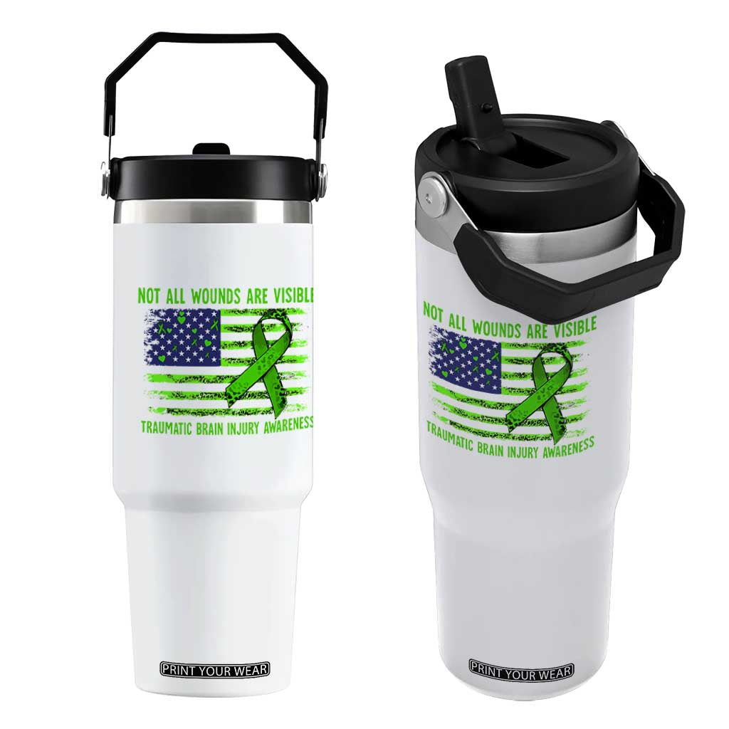 Traumatic Brain Injury Awareness Flip Straw Tumbler Not All Wounds Are Visible TBI Warrior American Flag TS02 One Size: 30 oz White Print Your Wear