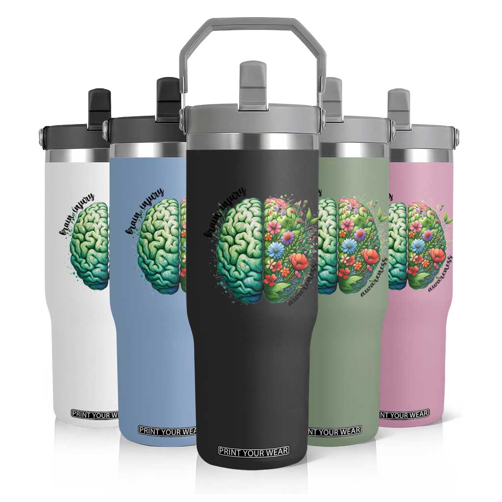 Traumatic Brain Injury Awareness Flip Straw Tumbler TBI Warrior Green Floral Brain TS02 Print Your Wear