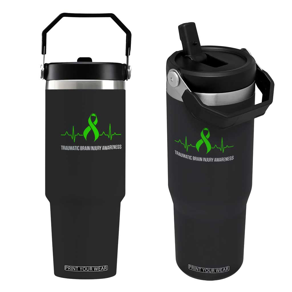 Traumatic Brain Injury Awareness Flip Straw Tumbler TBI Warrior Heartbeat Green Ribbon TS02 One Size: 30 oz Black Print Your Wear