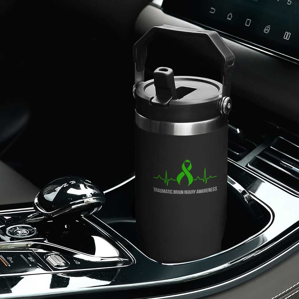 Traumatic Brain Injury Awareness Flip Straw Tumbler TBI Warrior Heartbeat Green Ribbon TS02 Print Your Wear