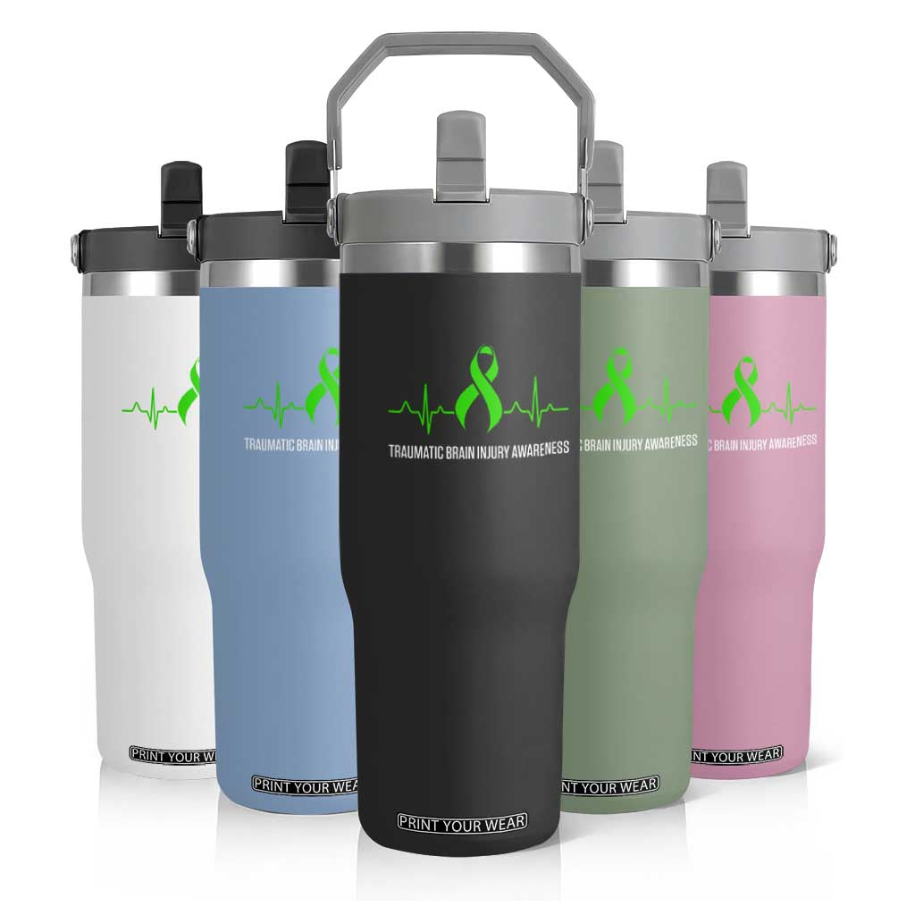 Traumatic Brain Injury Awareness Flip Straw Tumbler TBI Warrior Heartbeat Green Ribbon TS02 Print Your Wear