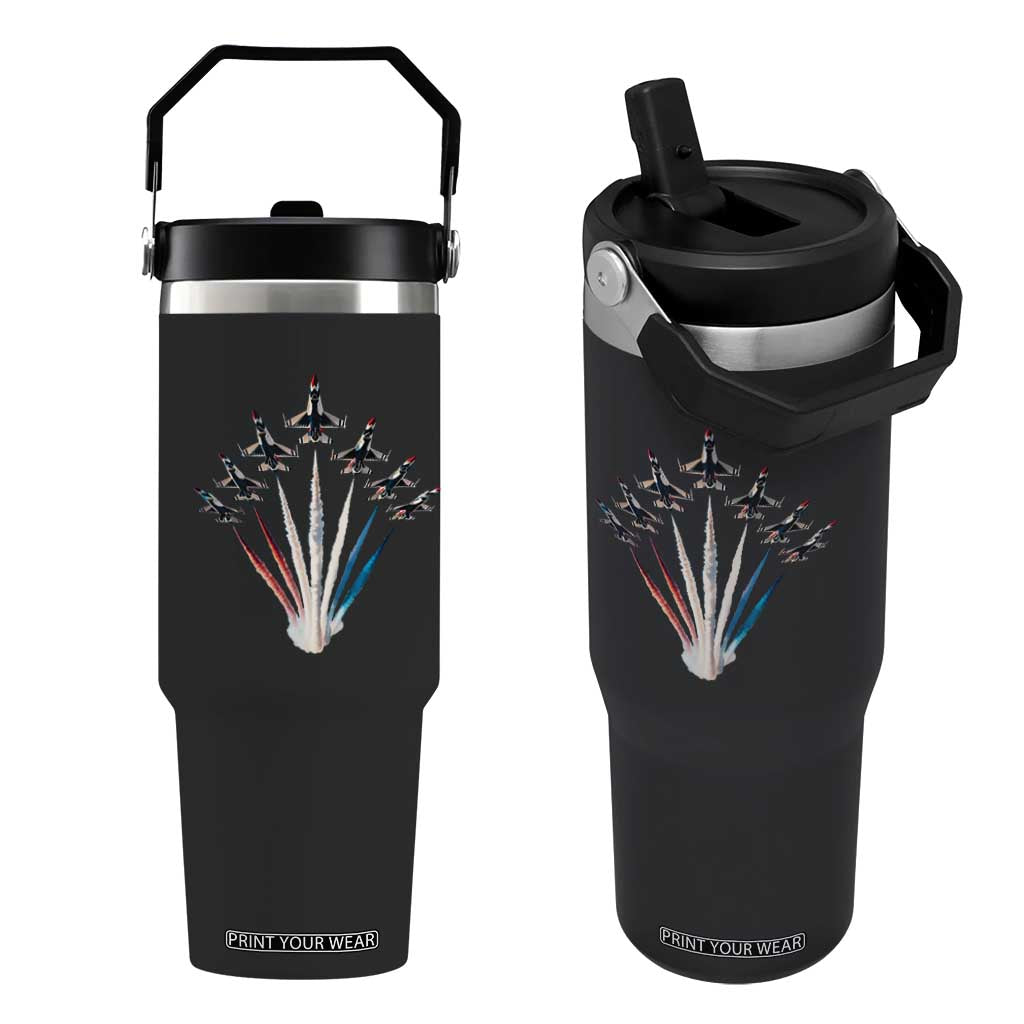 US Airplane Fighter Jet American Flag 4th Of July Flip Straw Tumbler TS11 One Size: 30 oz Black Print Your Wear
