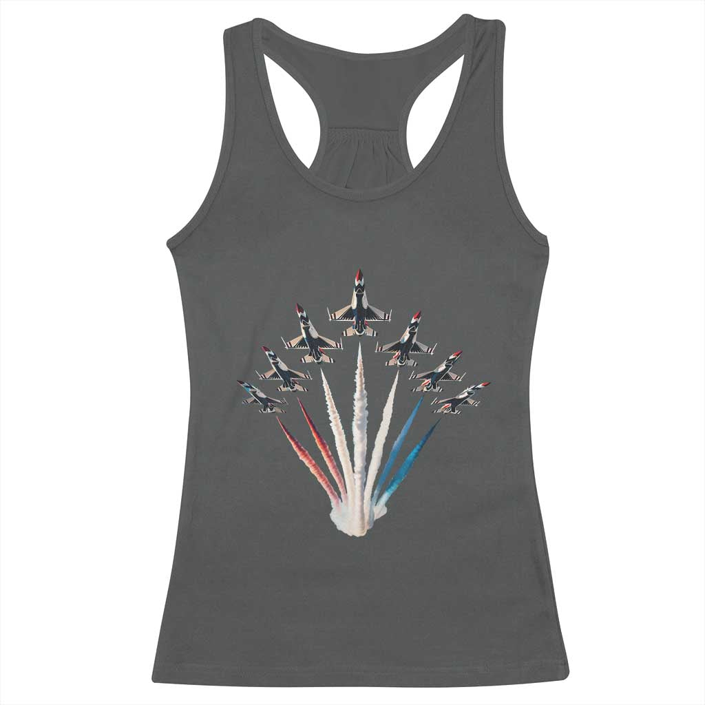 US Airplane Fighter Jet American Flag 4th Of July Racerback Tank Top TS11 Dark Heather Print Your Wear