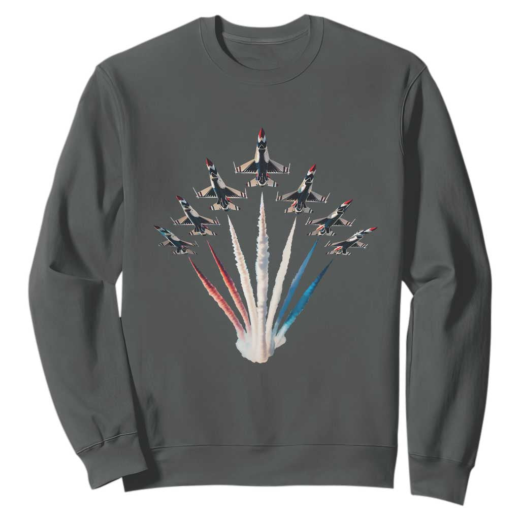 US Airplane Fighter Jet American Flag 4th Of July Sweatshirt TS11 Dark Heather Print Your Wear