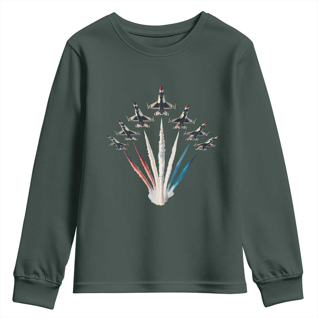 US Airplane Fighter Jet American Flag 4th Of July Youth Sweatshirt TS11 Dark Forest Green Print Your Wear