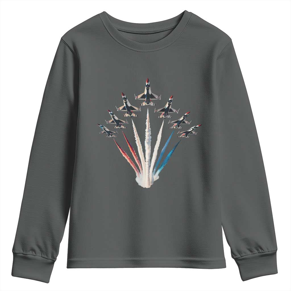 US Airplane Fighter Jet American Flag 4th Of July Youth Sweatshirt TS11 Dark Heather Print Your Wear