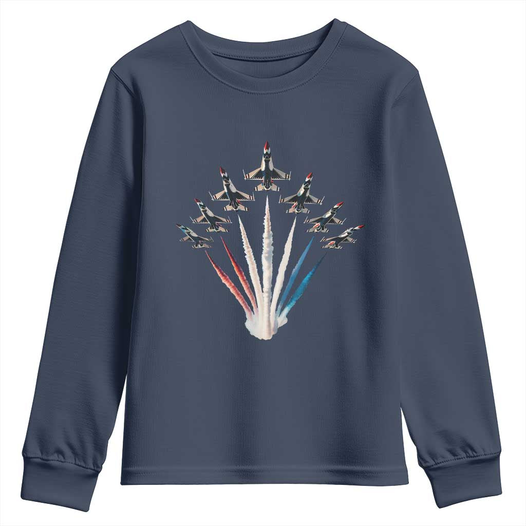 US Airplane Fighter Jet American Flag 4th Of July Youth Sweatshirt TS11 Navy Print Your Wear