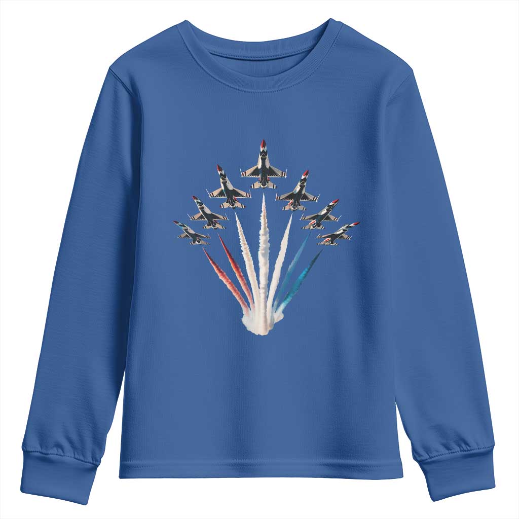 US Airplane Fighter Jet American Flag 4th Of July Youth Sweatshirt TS11 Royal Blue Print Your Wear
