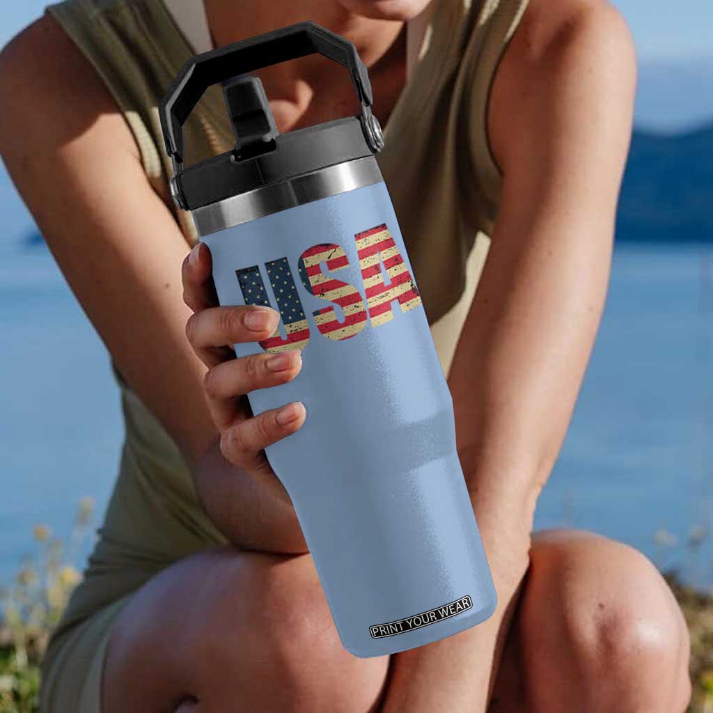 USA American Flag Flip Straw Tumbler Retro Vintage Patriotic TS02 One Size: 30 oz Light Blue Print Your Wear
