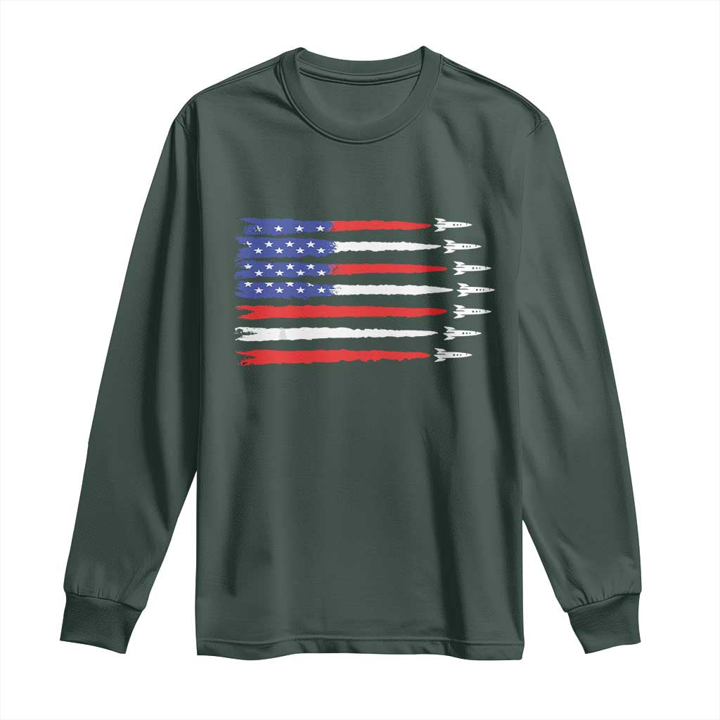 USA Flag Rocket Long Sleeve Shirt Patriotic Space Red White Blue 4th of July TS10 Dark Forest Green Print Your Wear