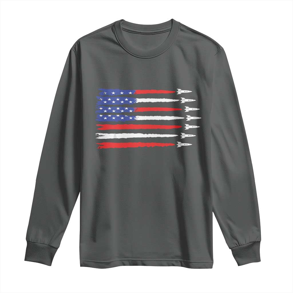 USA Flag Rocket Long Sleeve Shirt Patriotic Space Red White Blue 4th of July TS10 Dark Heather Print Your Wear