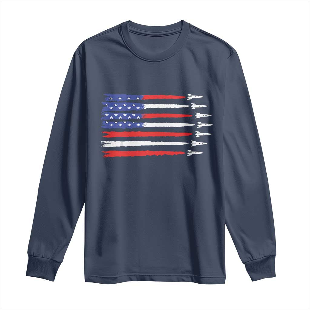 USA Flag Rocket Long Sleeve Shirt Patriotic Space Red White Blue 4th of July TS10 Navy Print Your Wear