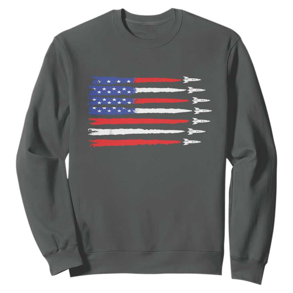 USA Flag Rocket Sweatshirt Patriotic Space Red White Blue 4th of July TS10 Dark Heather Print Your Wear