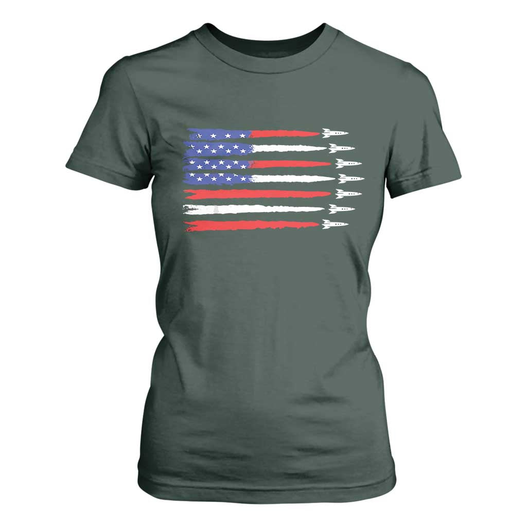 USA Flag Rocket T Shirt For Women Patriotic Space Red White Blue 4th of July TS10 Dark Forest Green Print Your Wear