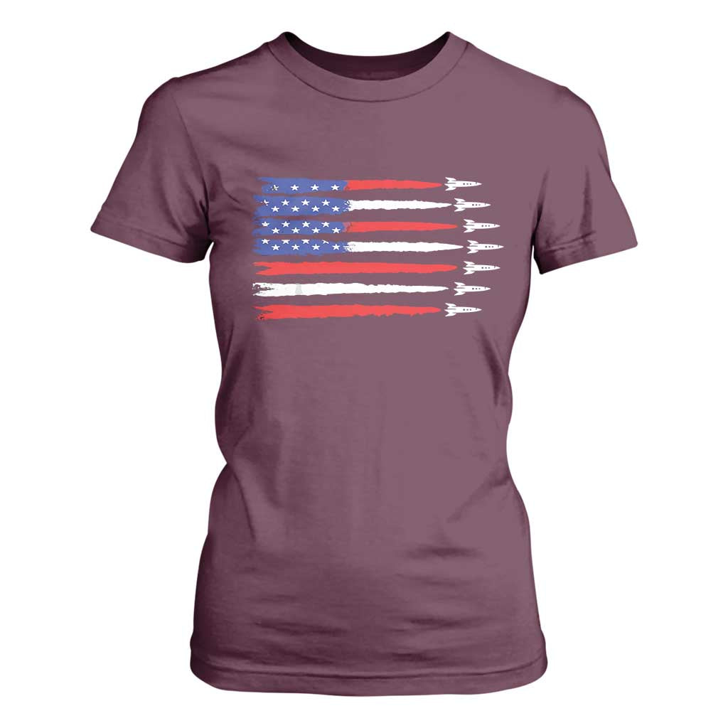 USA Flag Rocket T Shirt For Women Patriotic Space Red White Blue 4th of July TS10 Maroon Print Your Wear