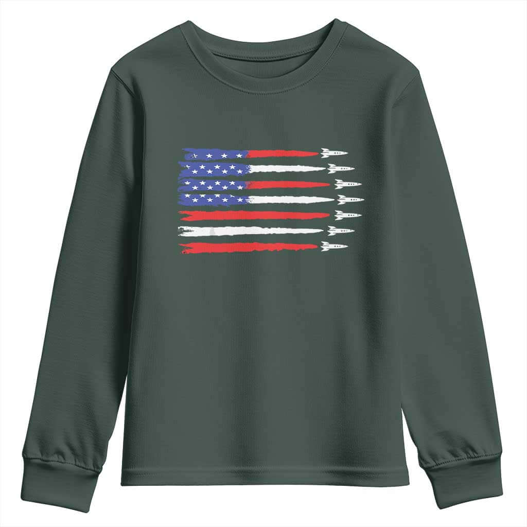 USA Flag Rocket Youth Sweatshirt Patriotic Space Red White Blue 4th of July TS10 Dark Forest Green Print Your Wear