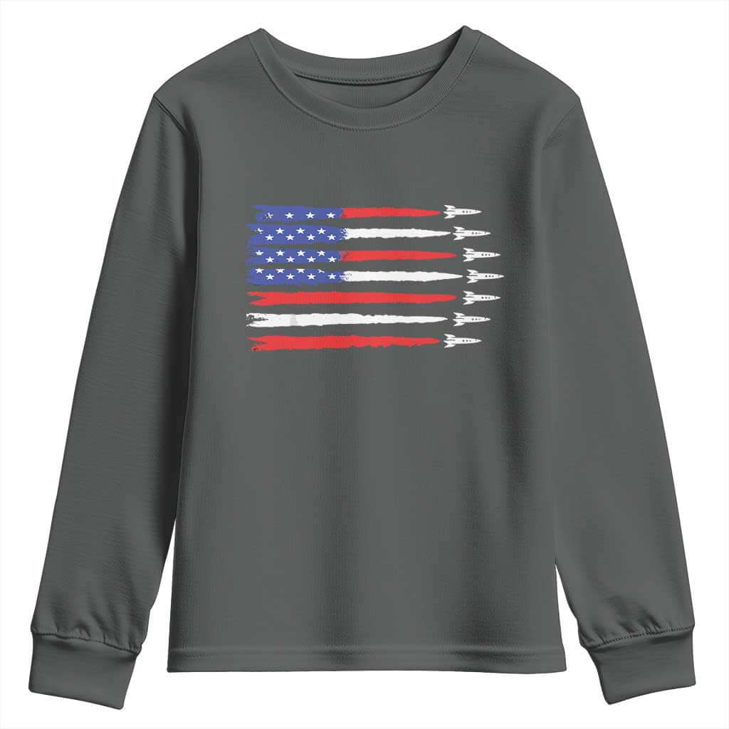 USA Flag Rocket Youth Sweatshirt Patriotic Space Red White Blue 4th of July TS10 Dark Heather Print Your Wear
