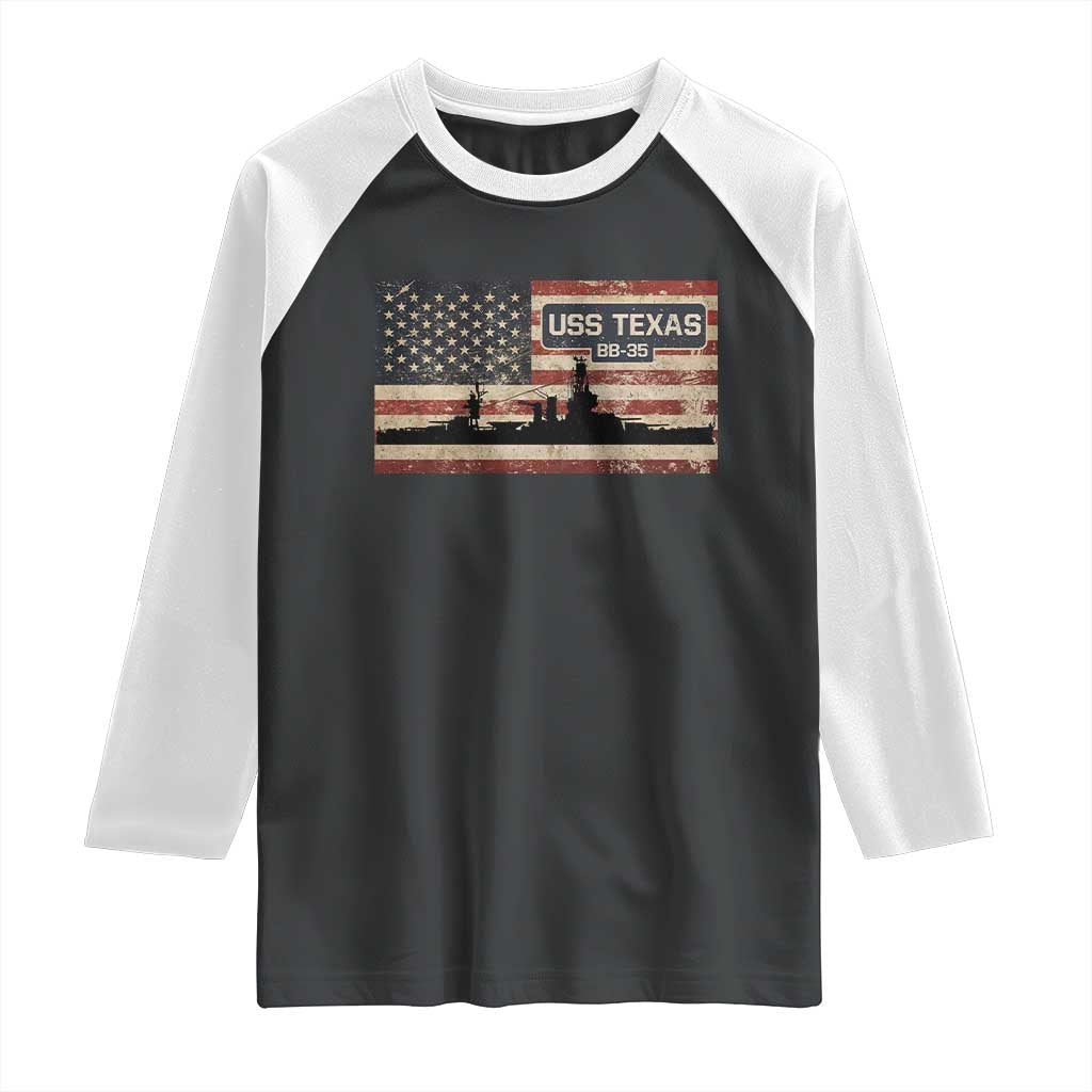 USS Texas BB35 WW1 WW2 Battleship USA American Flag Raglan Shirt TS11 Black White Print Your Wear