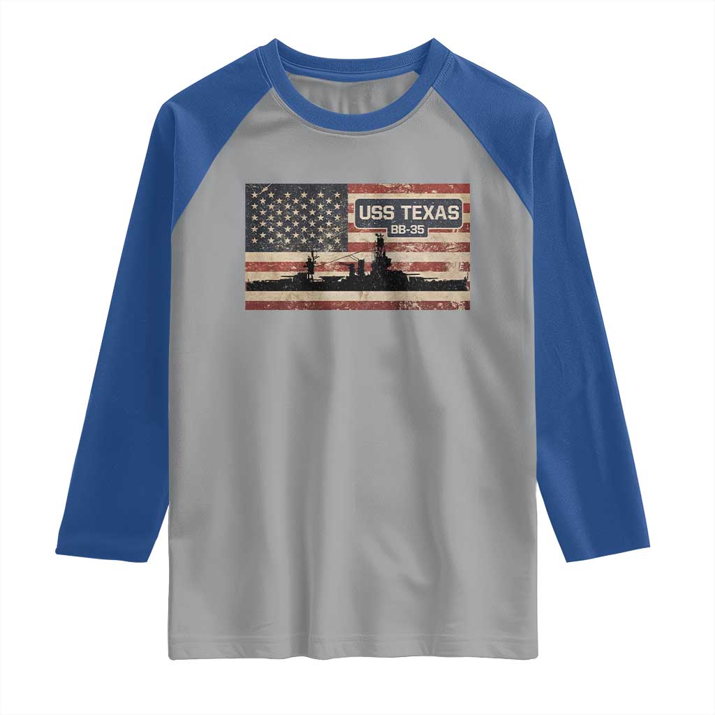 USS Texas BB35 WW1 WW2 Battleship USA American Flag Raglan Shirt TS11 Sport Gray Royal Print Your Wear
