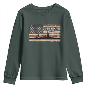 USS Texas BB35 WW1 WW2 Battleship USA American Flag Youth Sweatshirt TS11 Dark Forest Green Print Your Wear